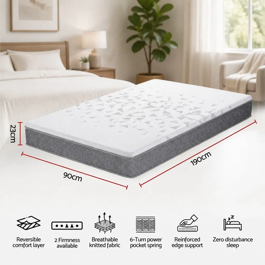 Single Mattress for Bedroom 23cm Pocket Spring Reversible Foam Medium Firm Firm Support
