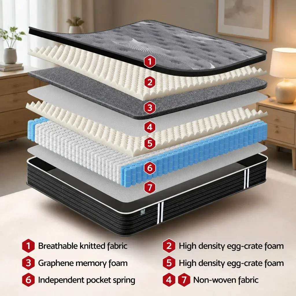 Single Mattress Euro Top 35cm Medium Firm Graphene Memory Foam Pocket Spring