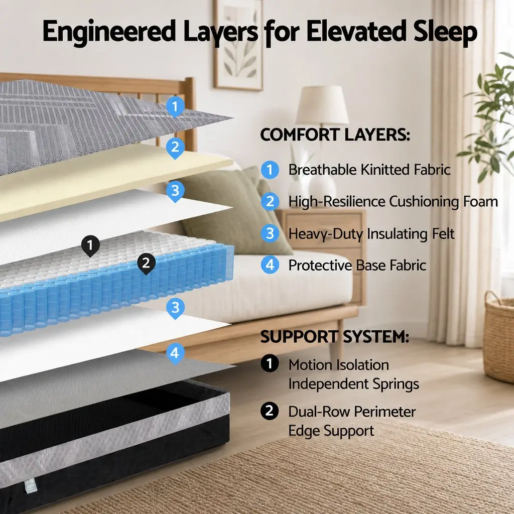Double Mattress 26cm Firm Pocket Spring Dual Edge Support Grey Breathable