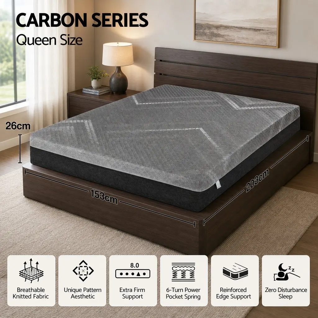 Queen Mattress 26cm Firm Pocket Spring Dual Edge Support Dark Grey Breathable