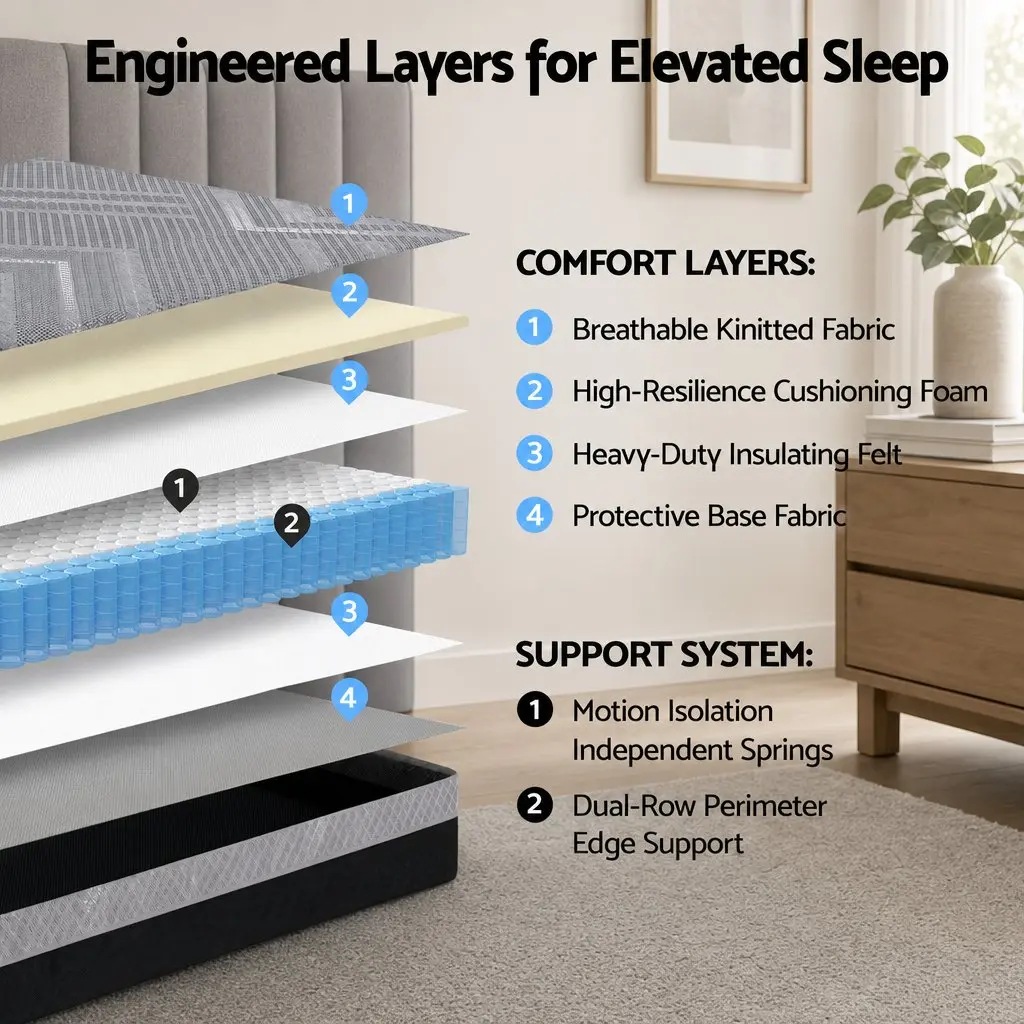 Queen Mattress 26cm Firm Pocket Spring Dual Edge Support Dark Grey Breathable