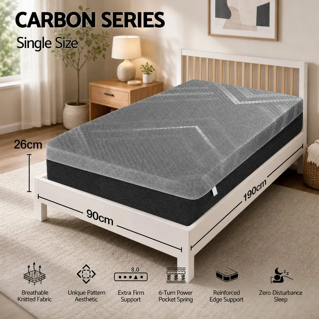 Single Mattress 26cm Firm Pocket Spring Dual Edge Support Dark Grey Bed