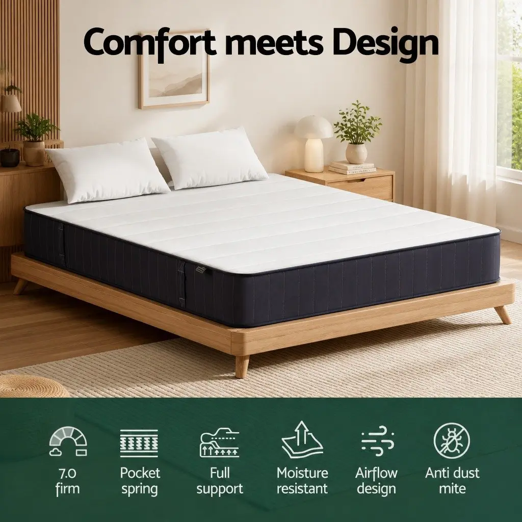 Double Mattress 20cm Firm Support Pocket Spring Tight Top Grey White