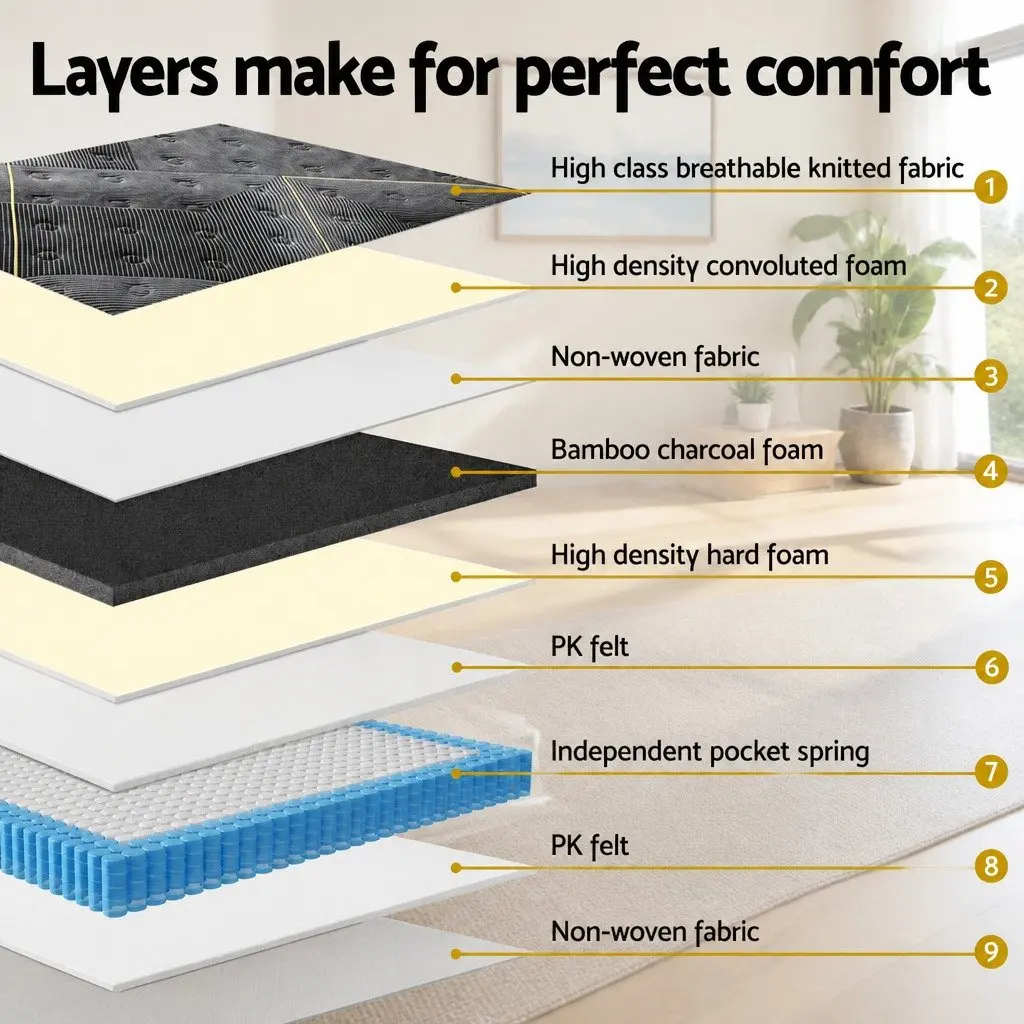 Double Mattress 35cm Hybrid Pocket Spring Bamboo Charcoal Foam Medium Firm