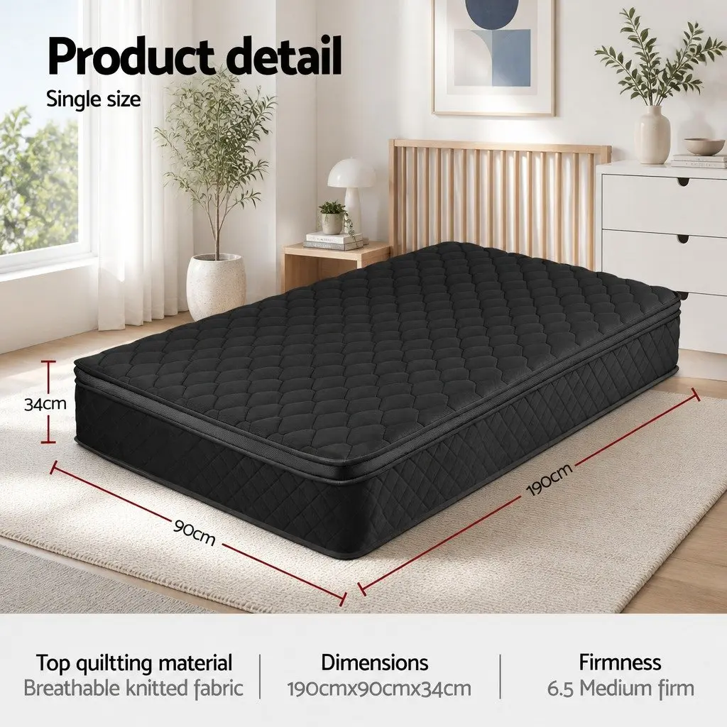 Single Mattress Euro Top 34cm 5-Zone Pocket Spring Support Medium Firm Black