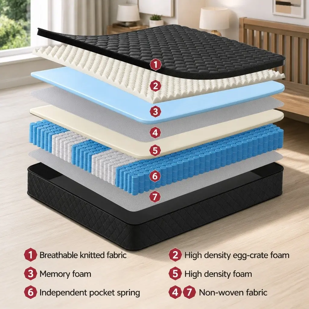 Single Mattress Euro Top 34cm 5-Zone Pocket Spring Support Medium Firm Black