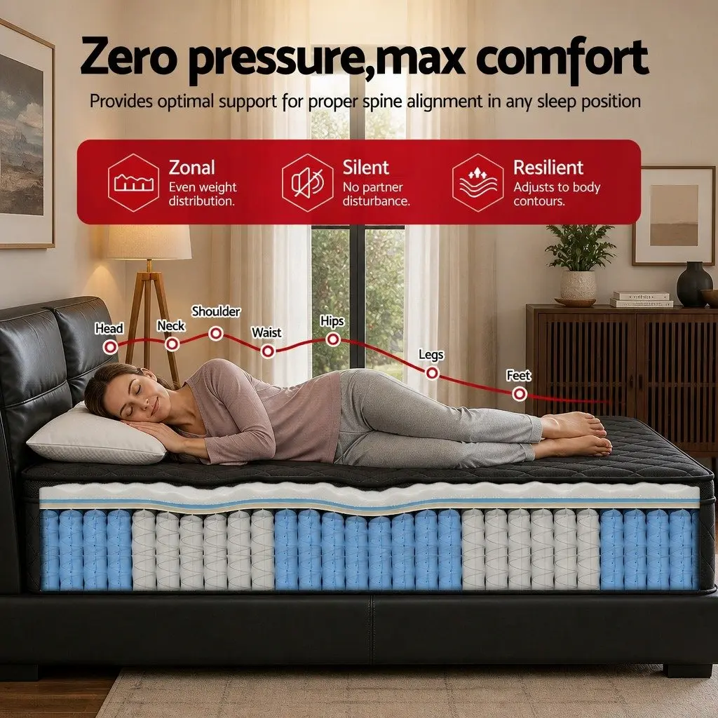 Single Mattress Euro Top 34cm 5-Zone Pocket Spring Support Medium Firm Black