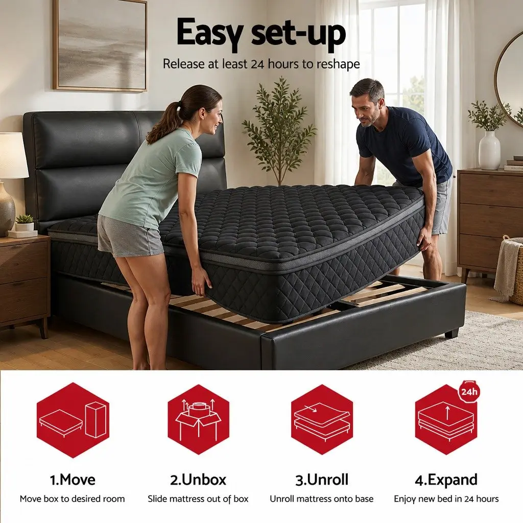 Single Mattress Euro Top 34cm 5-Zone Pocket Spring Support Medium Firm Black
