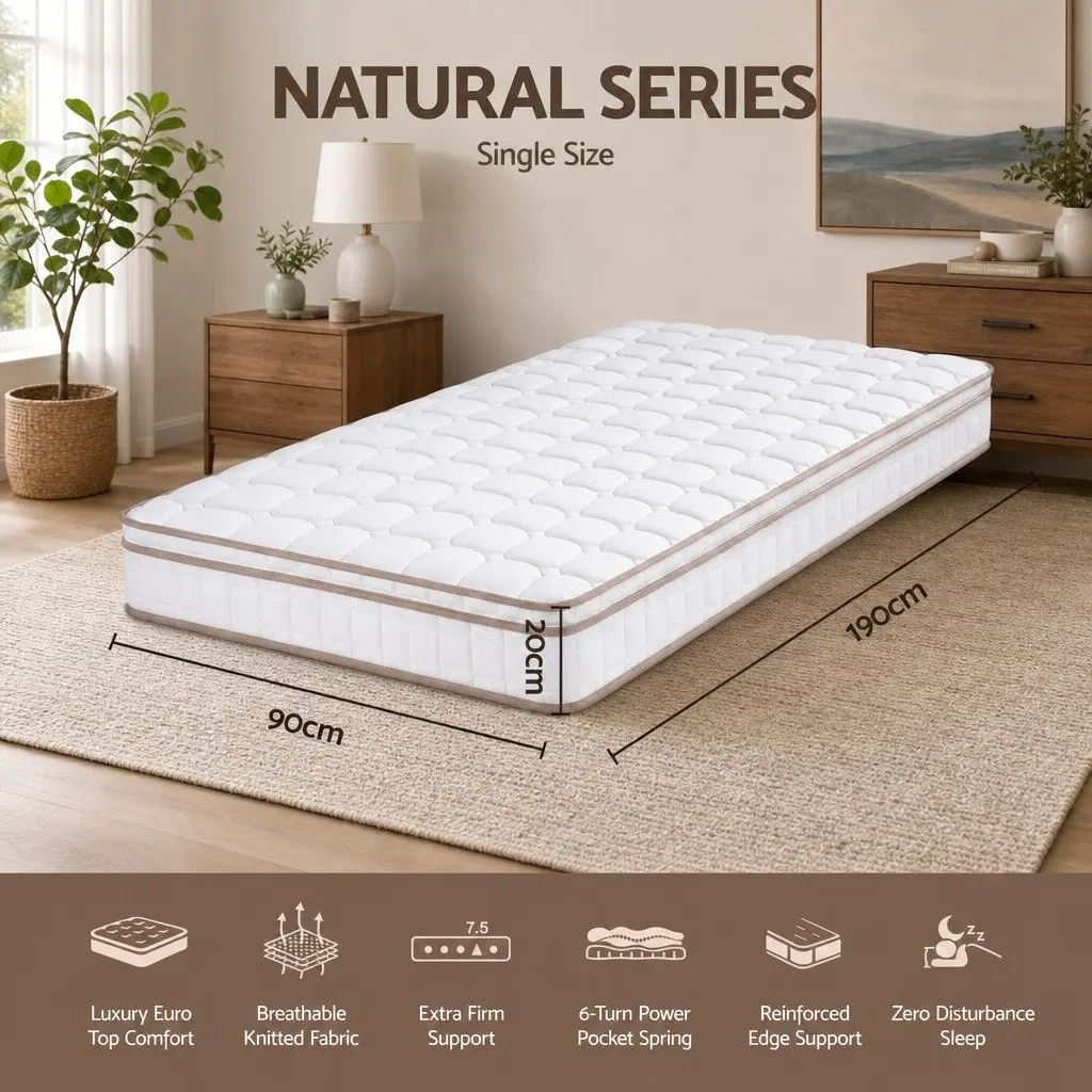 Single Mattress Euro Top 20cm Firm Pocket Spring White Bedroom Guest Room