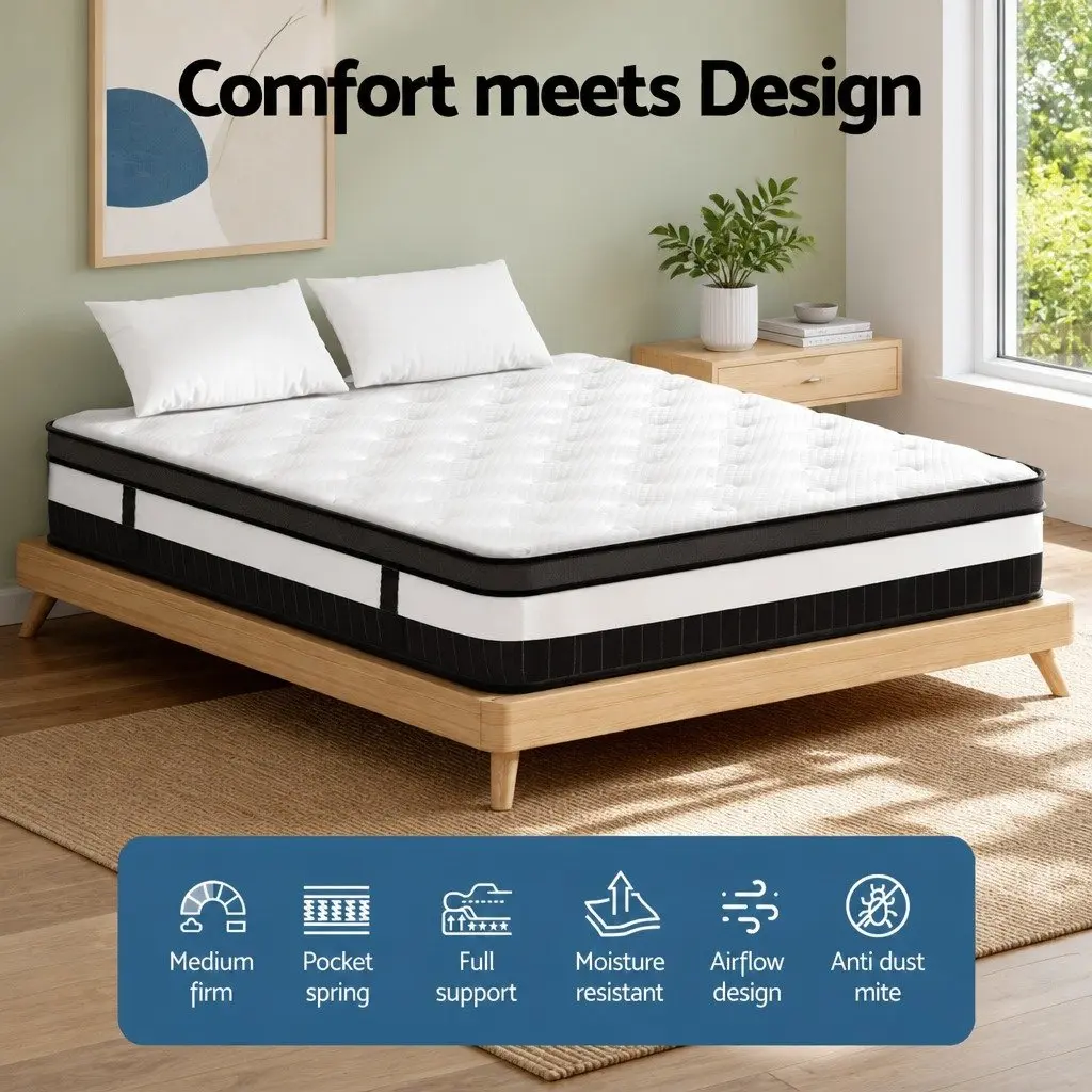 Double Mattress 30cm Pocket Spring Euro Top Medium-Firm Support White