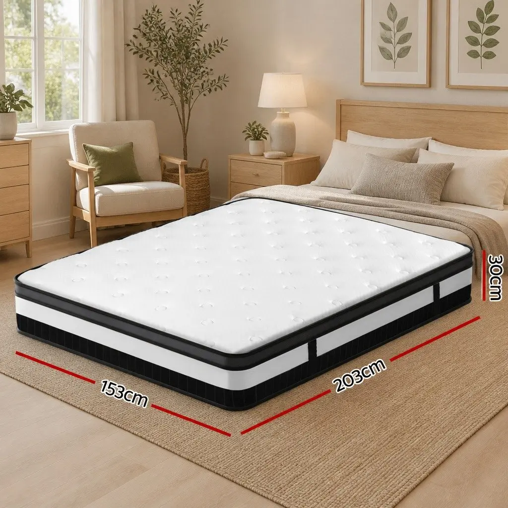 Queen Mattress for Bedroom 30cm Medium Firm Euro Top Pocket Spring White