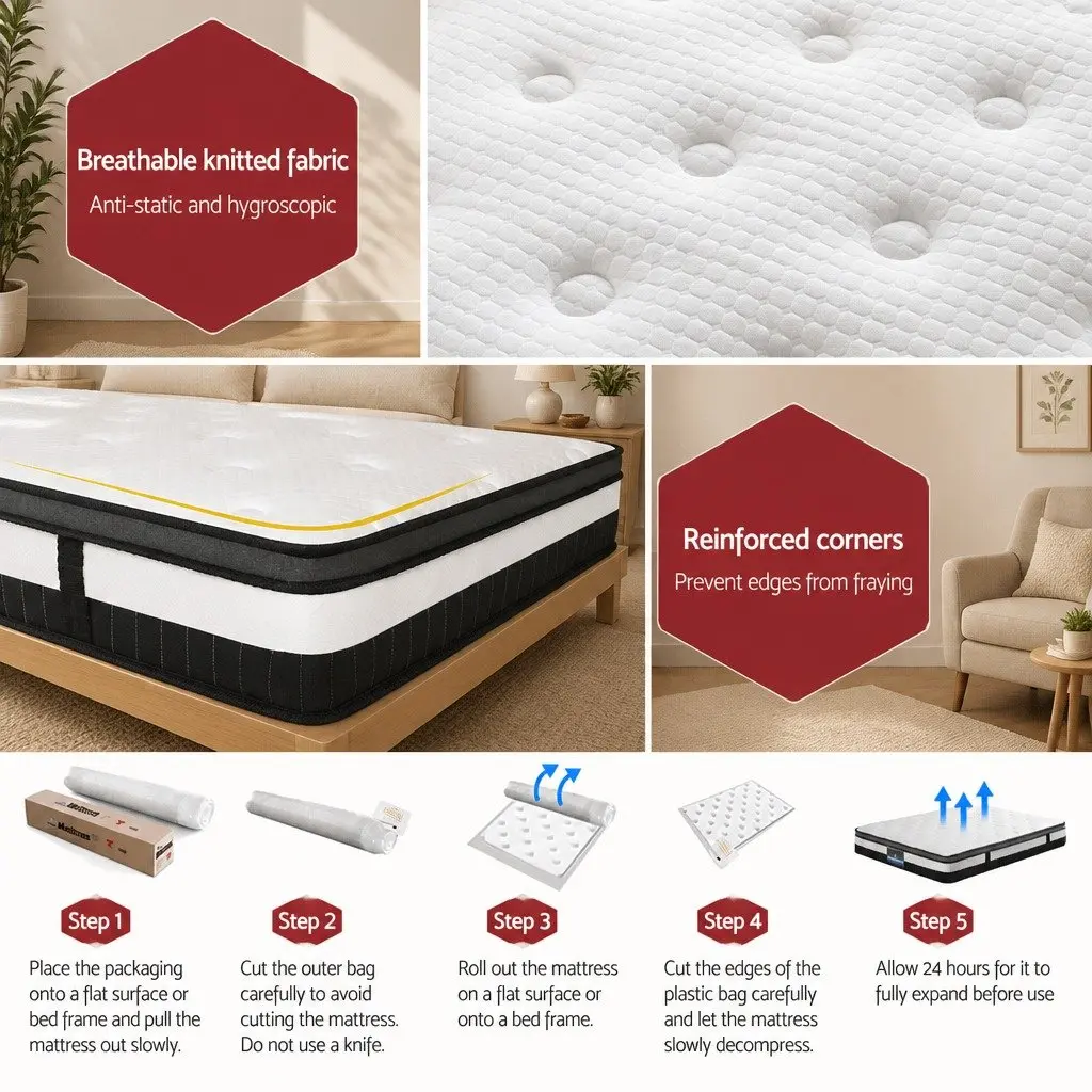 Queen Mattress for Bedroom 30cm Medium Firm Euro Top Pocket Spring White