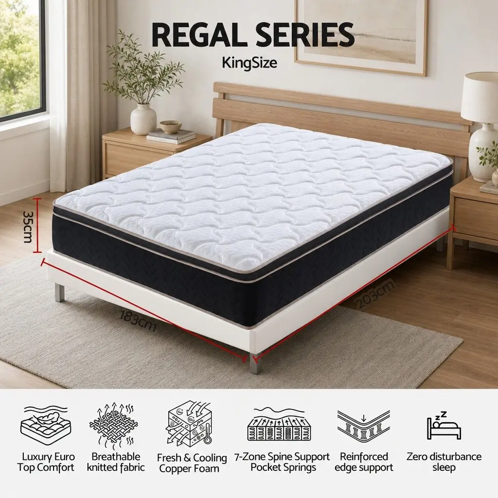 King Size Mattress 35cm Firm Pocket Spring Copper Memory Foam Euro Top Sleep