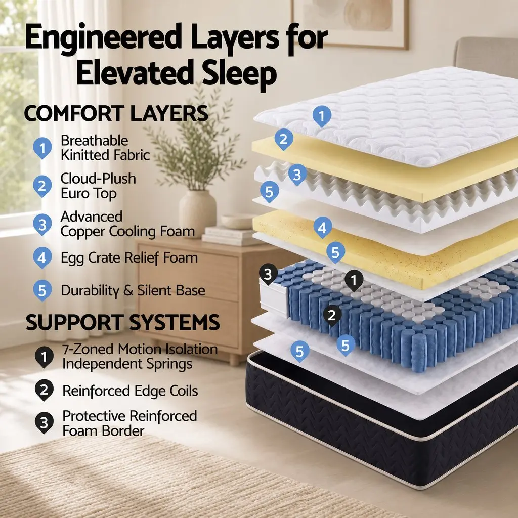 King Size Mattress 35cm Firm Pocket Spring Copper Memory Foam Euro Top Sleep