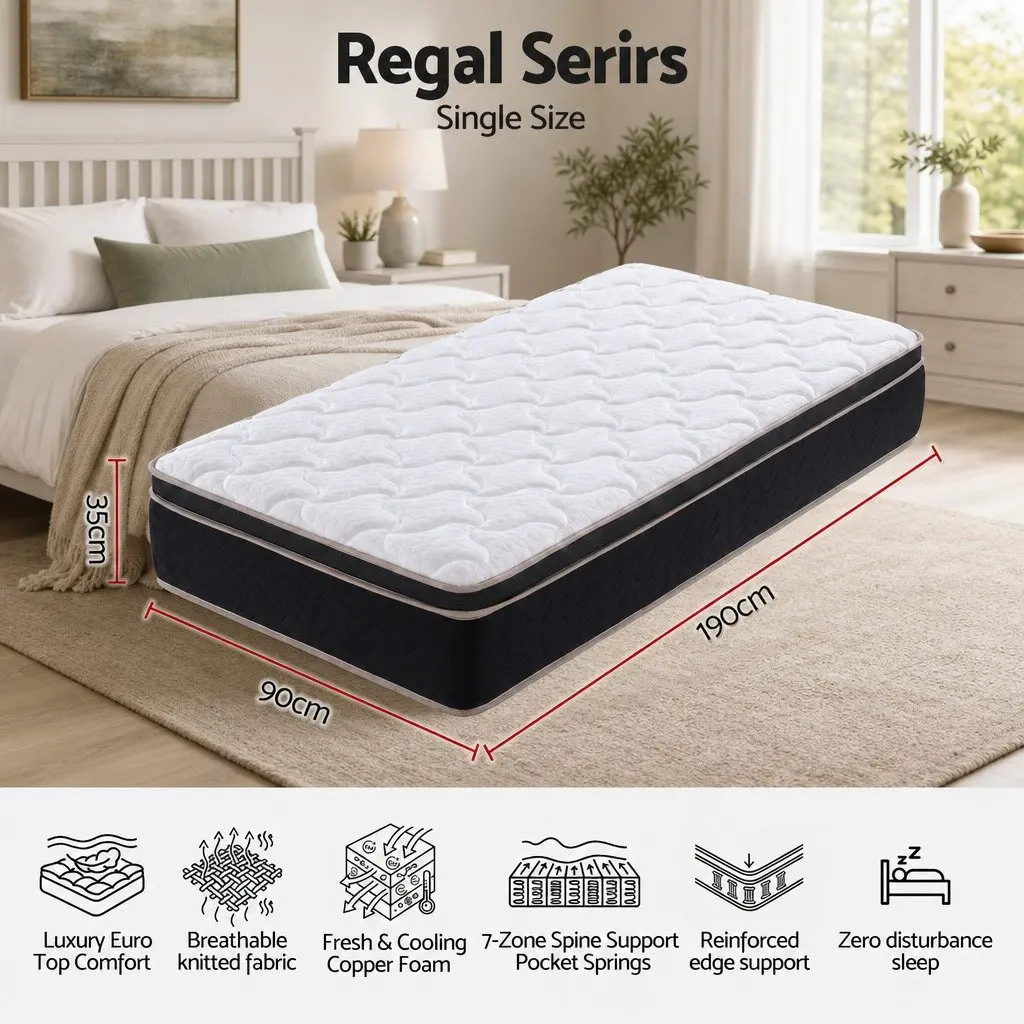 Single Mattress Bedroom 35cm Firm Pocket Spring Euro Top Memory Foam Edge Support