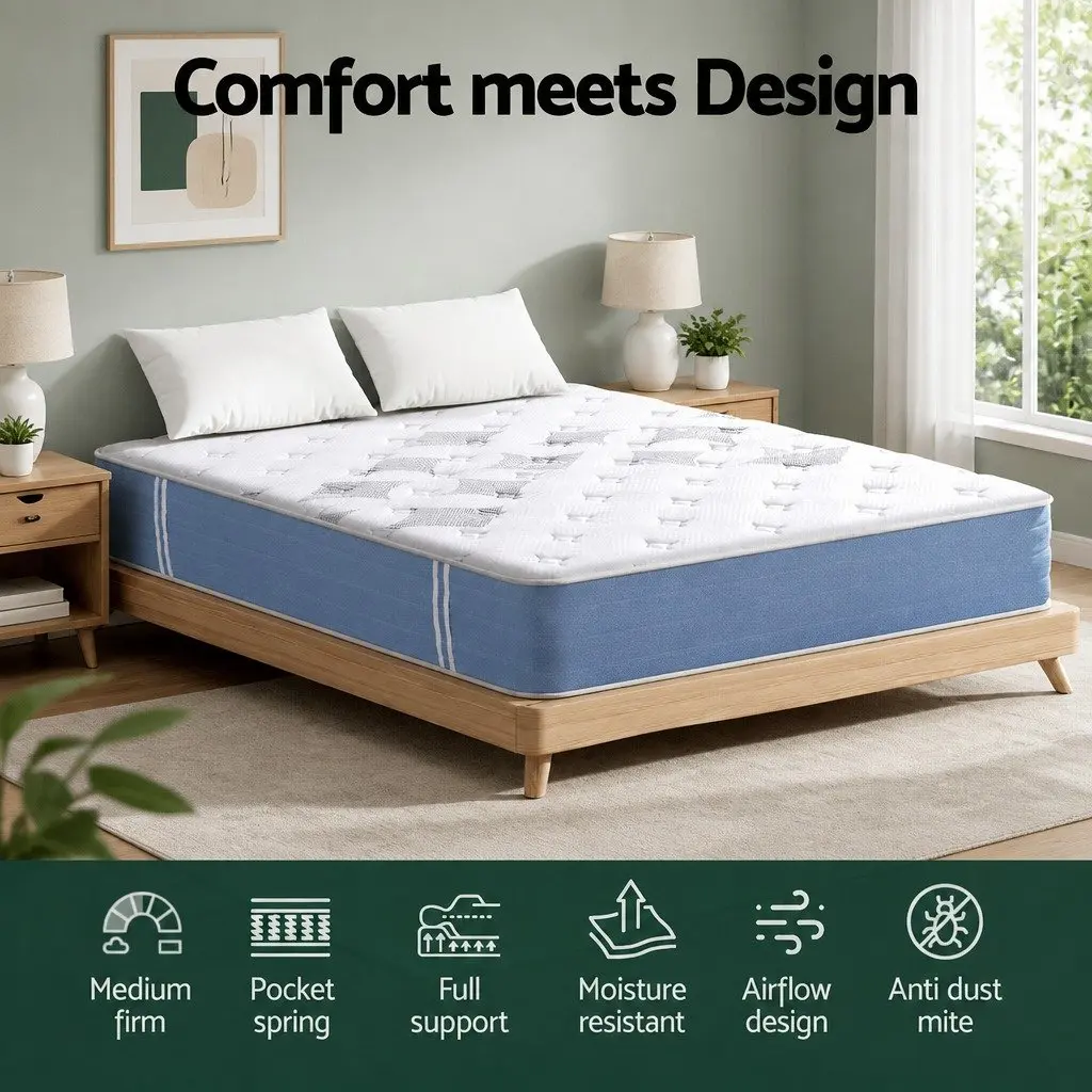 Double Mattress 25cm Pocket Spring Euro Top Medium Firm Breathable Bamboo Fibre