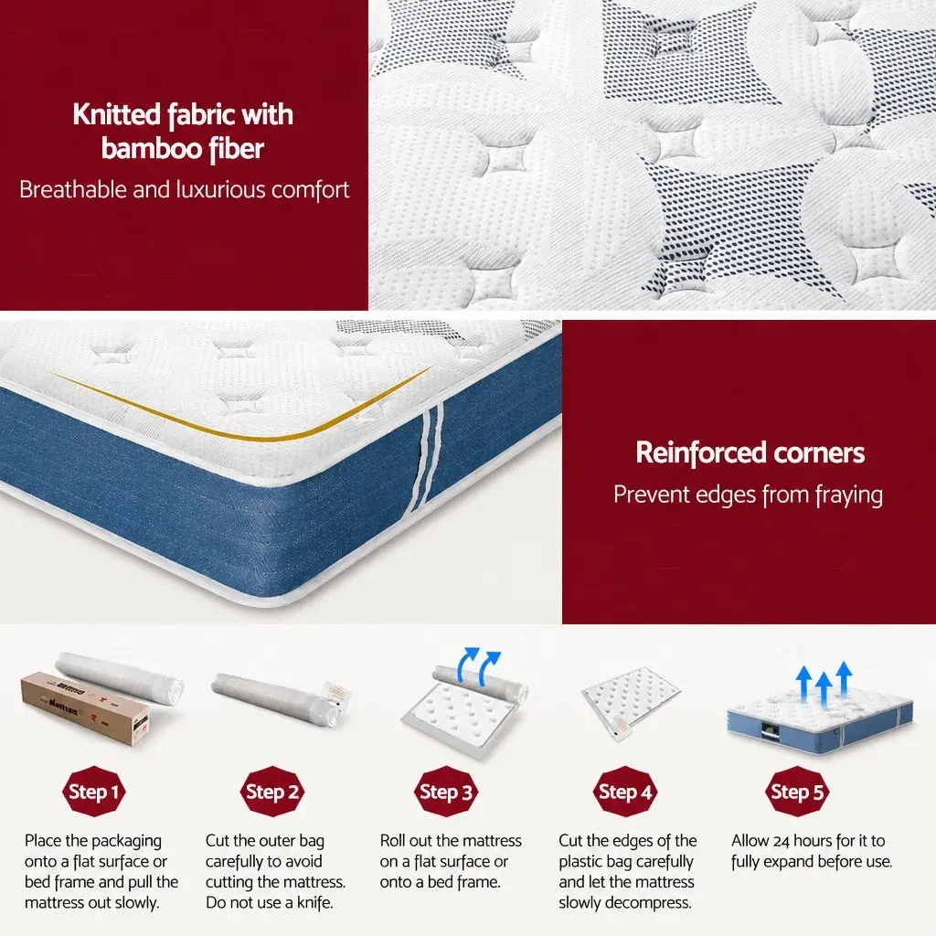 Double Mattress 25cm Pocket Spring Euro Top Medium Firm Breathable Bamboo Fibre