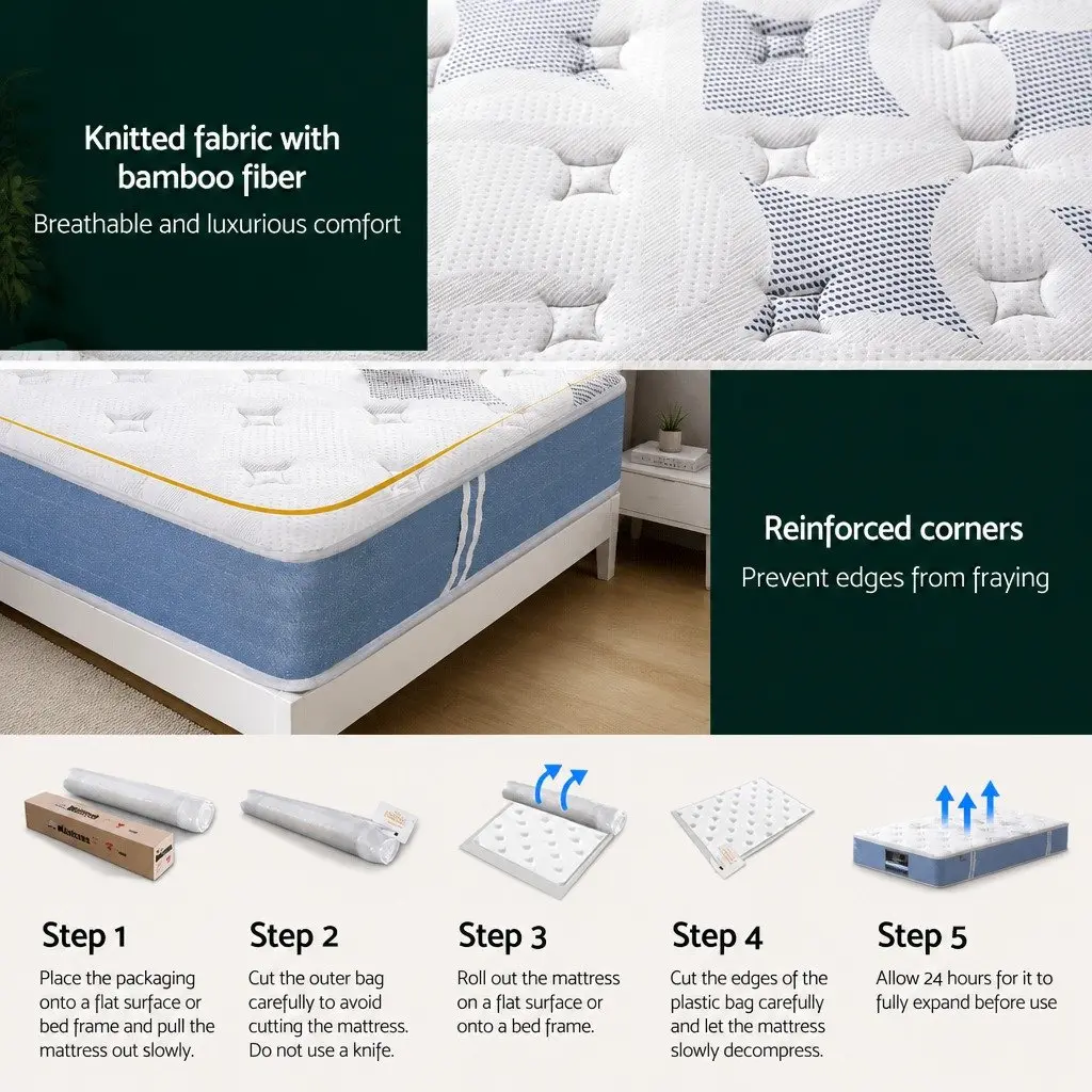 25cm Single Mattress Pocket Spring Euro Top Medium Firm Breathable Bamboo Fibre