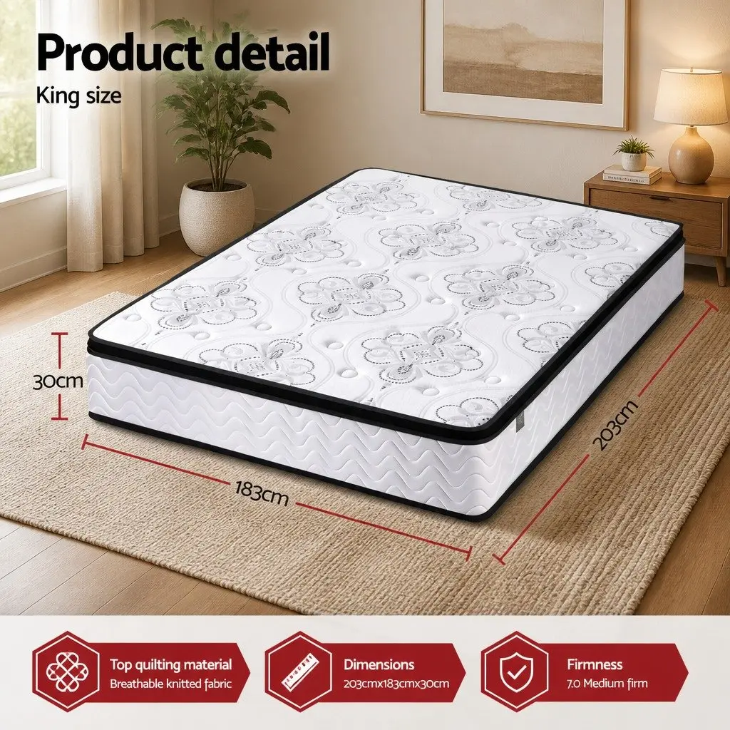 King Size Mattress for Bedroom 30cm Pocket Spring Euro Top Medium Firm Foam