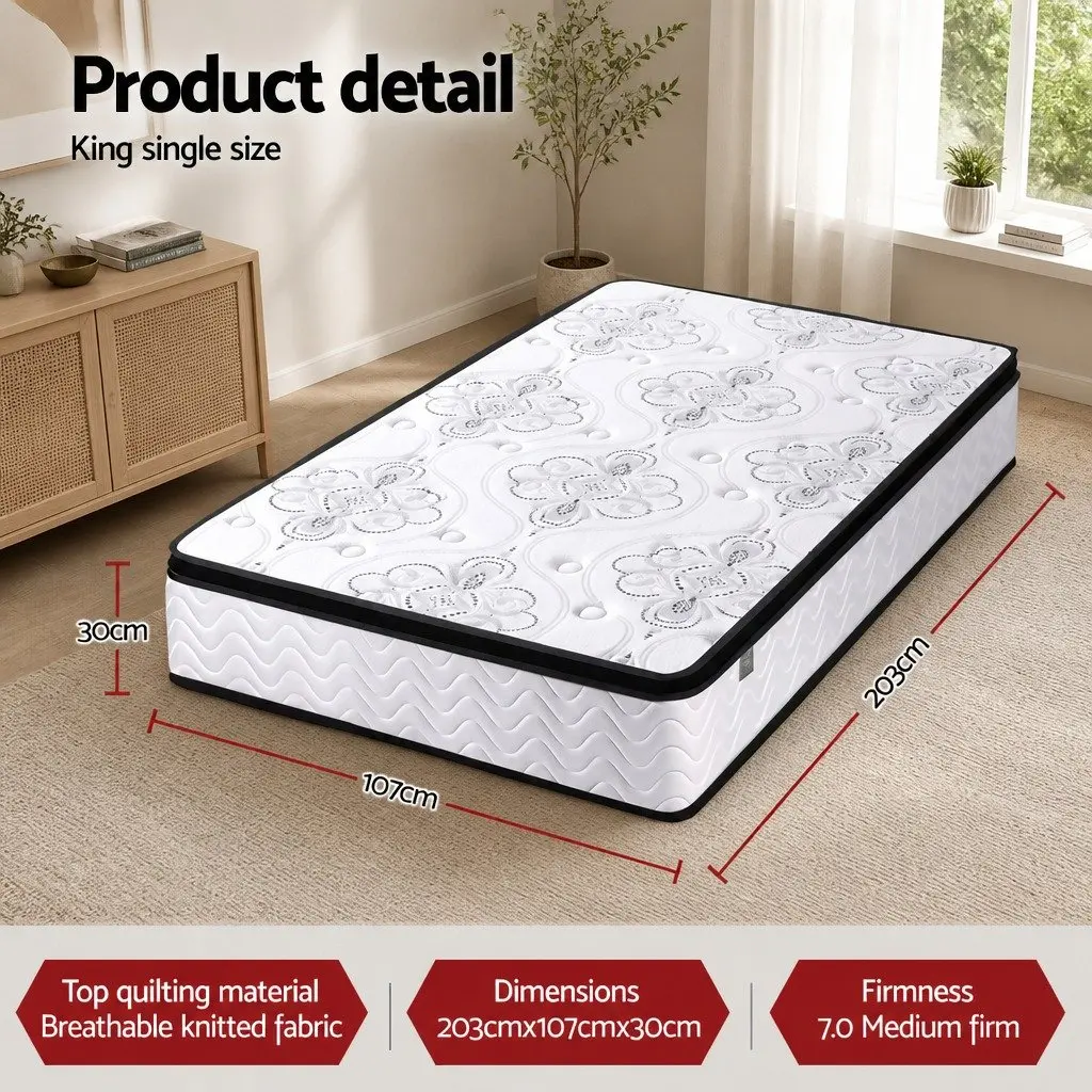 King Single Mattress Euro Top 30cm Medium Firm Foam Breathable
