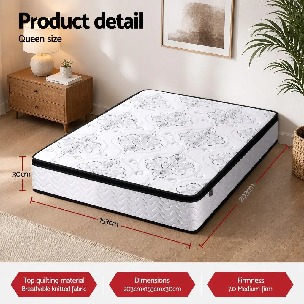 Queen Mattress 30cm Pocket Spring Euro Top Medium Firm Foam Breathable Sleep Bed