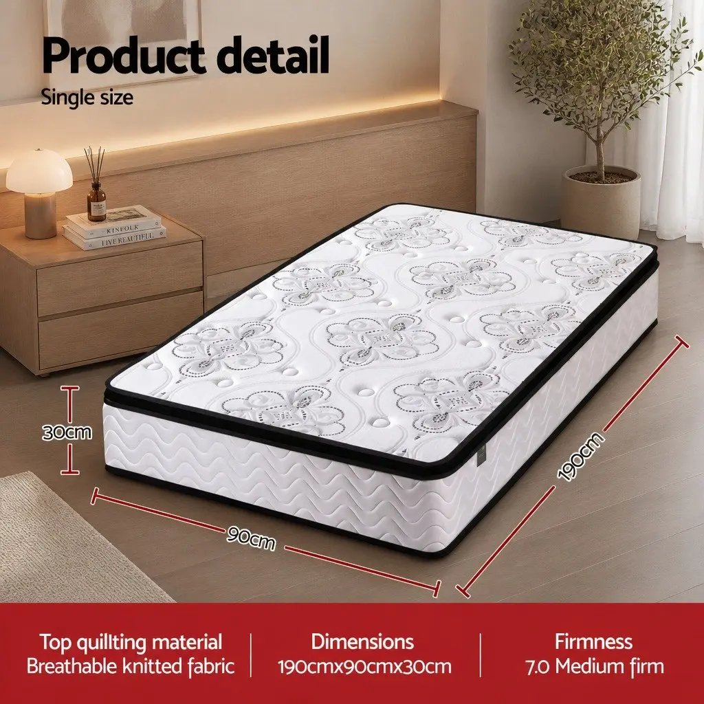 Single Mattress 30cm Medium Firm Foam Euro Top Pocket Spring for Bedroom