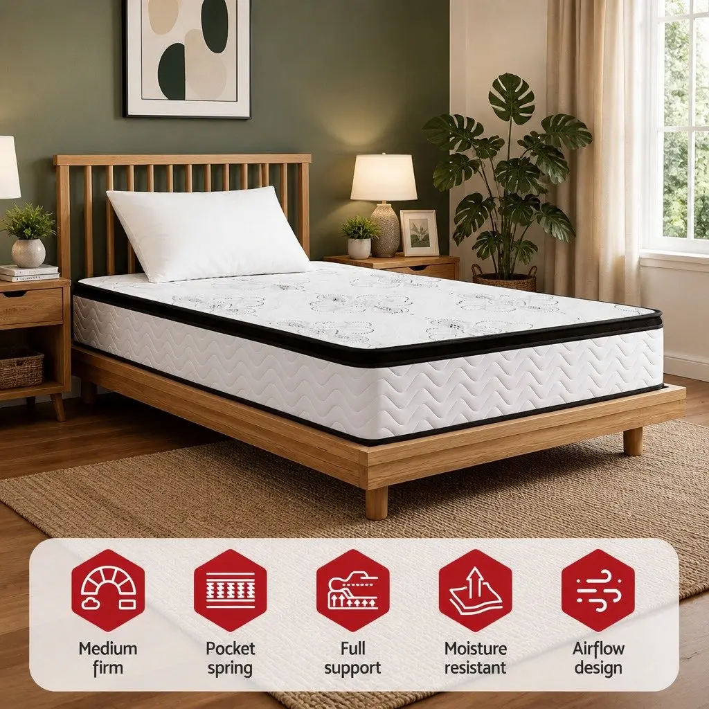 Single Mattress 30cm Medium Firm Foam Euro Top Pocket Spring for Bedroom