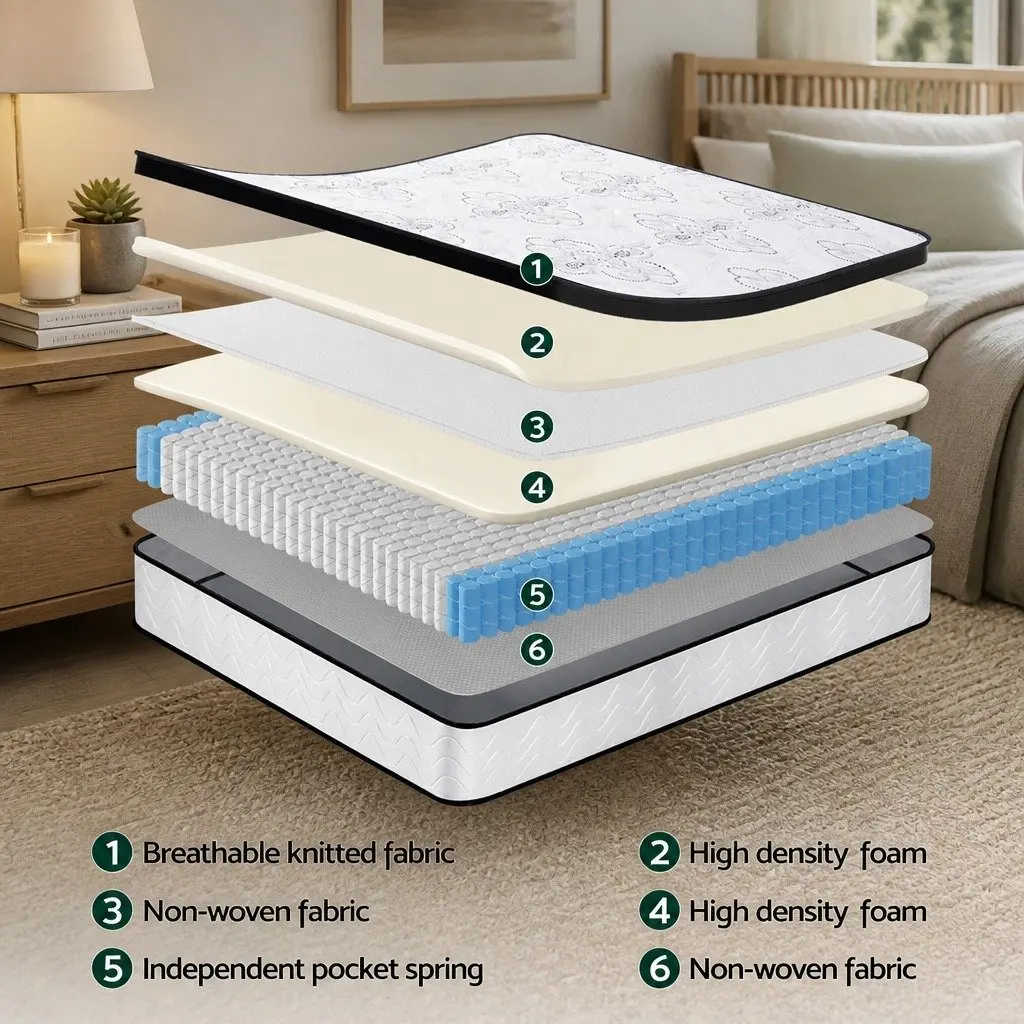 Single Mattress 30cm Medium Firm Foam Euro Top Pocket Spring for Bedroom