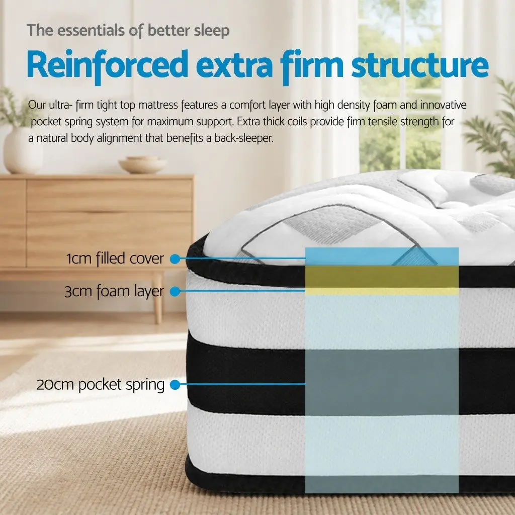 Double Mattress for Supportive Sleep 190cm x 137cm x 24cm Ultra Firm Tight Top Pocket Spring Grey