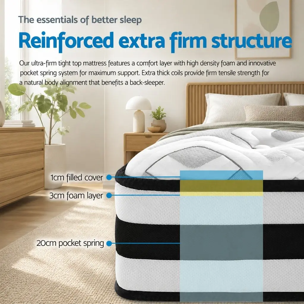 King Size Mattress Ultra Firm Tight Top Pocket Spring Support 24cm Grey