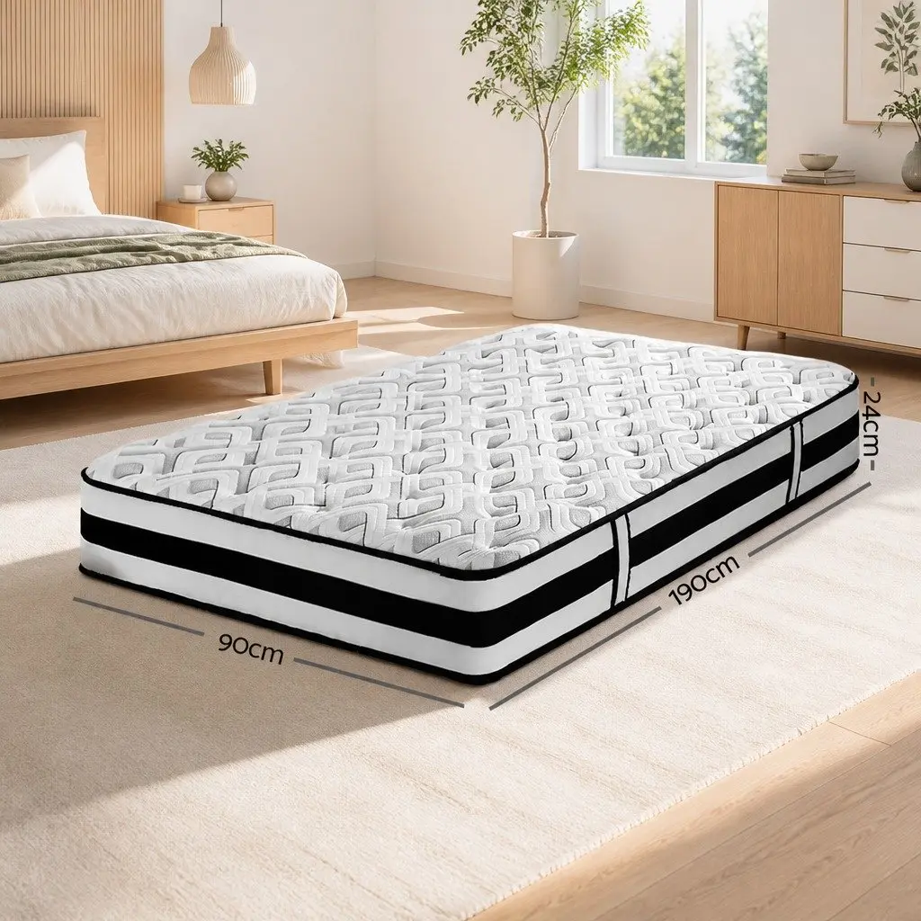 Single Mattress Ultra Firm Grey 24cm Tight Top Pocket Spring Support Sleep