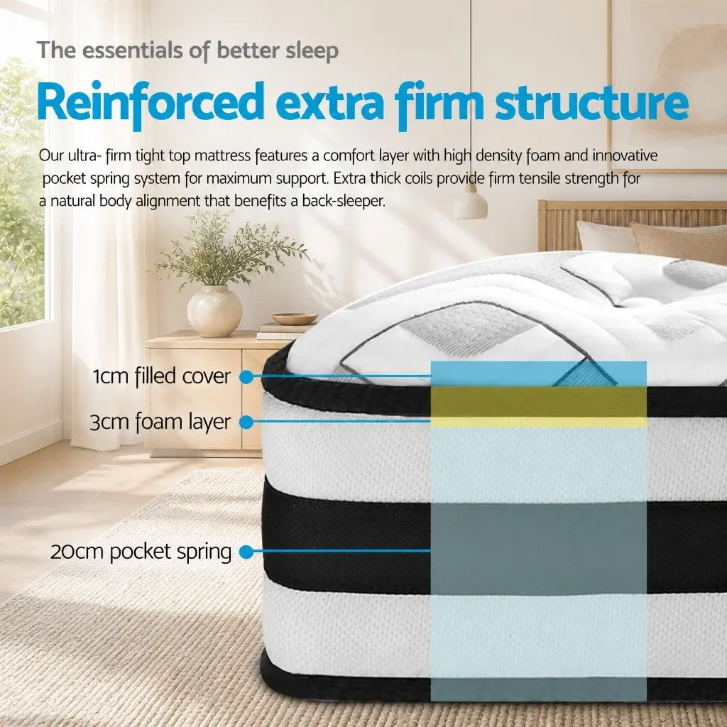 Single Mattress Ultra Firm Grey 24cm Tight Top Pocket Spring Support Sleep