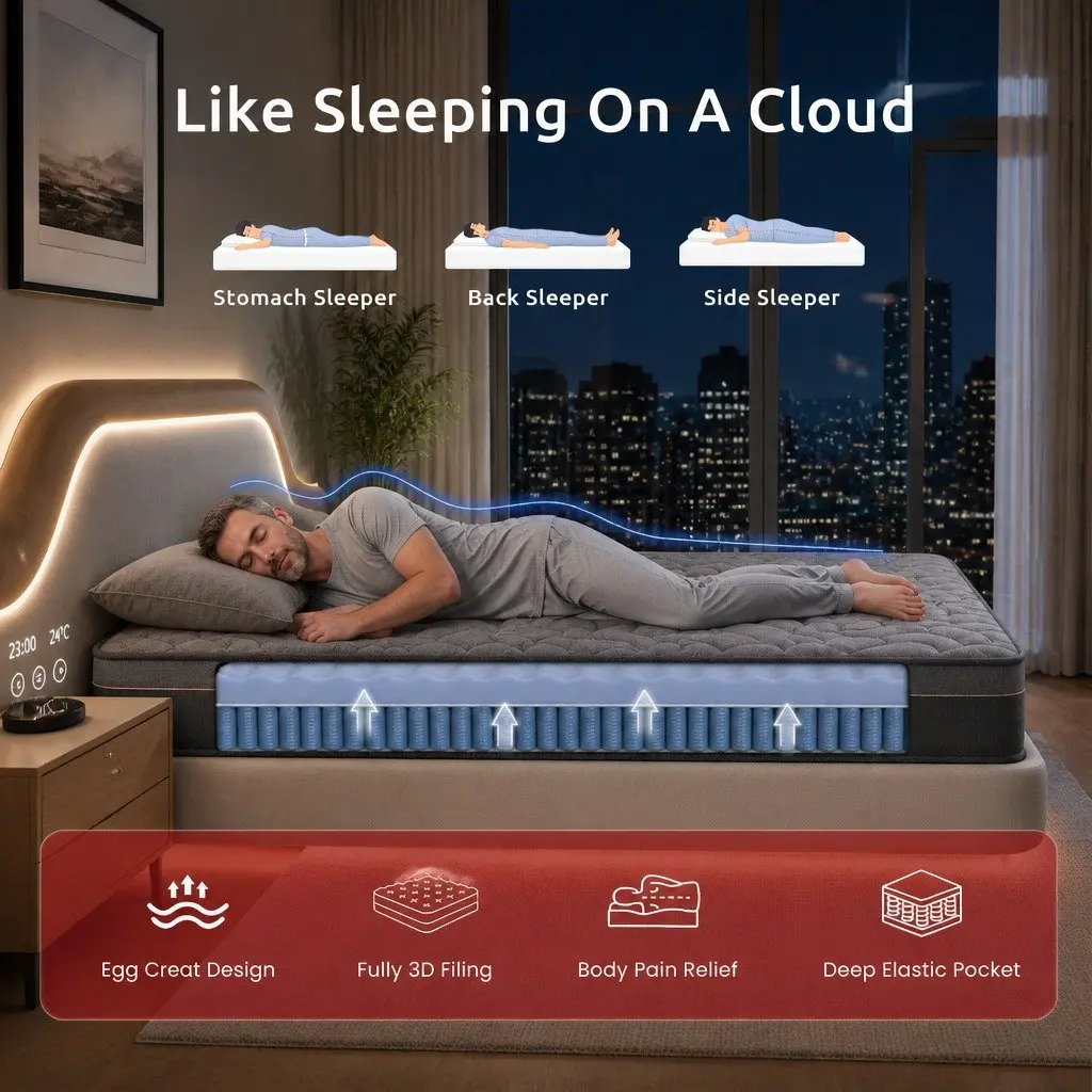 King Size Mattress for Bedroom 25cm Hybrid Pocket Spring Egg Crate Foam Bamboo Charcoal