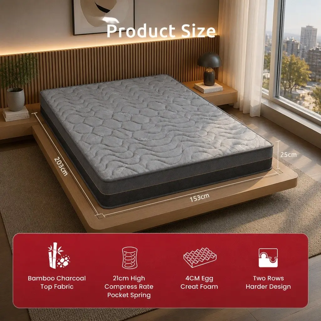 Queen Mattress 25cm Hybrid Pocket Spring Egg Crate Foam Bamboo Charcoal Fabric