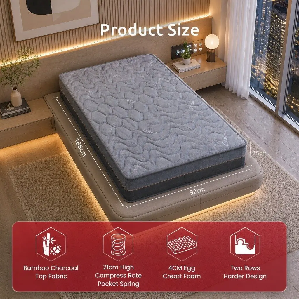 Single Mattress for Bedroom 25cm Hybrid Pocket Spring Egg Crate Foam Bamboo Charcoal Fabric