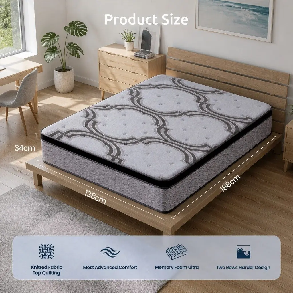 Double Mattress 34cm for Bedroom 188cm x 138cm 5-Zone Pocket Spring with Latex and Memory Foam Firm Support