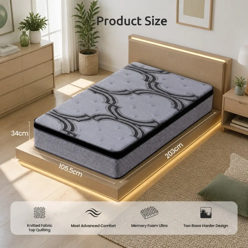 King Single Mattress 34cm 5-Zone Pocket Spring with Latex and Memory Foam Extra Firm