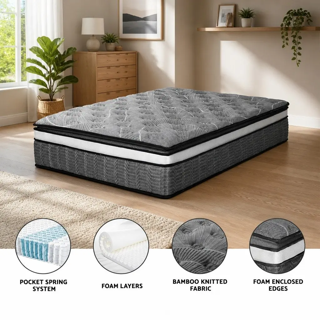 Double Mattress for Bedroom 34cm Pocket Spring Medium Firm Hypoallergenic Quilted Comfort