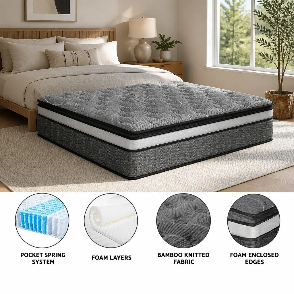 King Size Mattress for Bedroom 34cm Double Layer Pocket Spring Medium Firm Bamboo