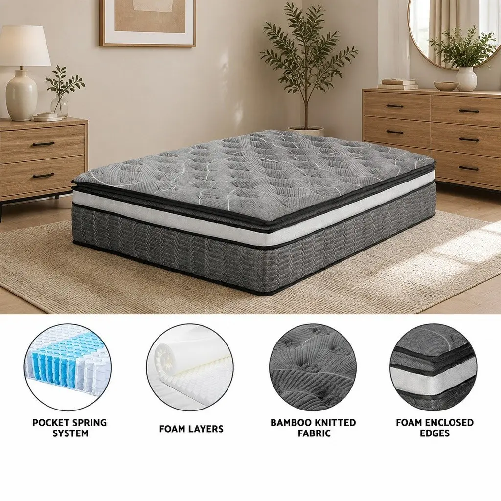 Pocket Spring Queen Mattress Medium Firm 34cm Double Layer Bamboo Knitted Cover