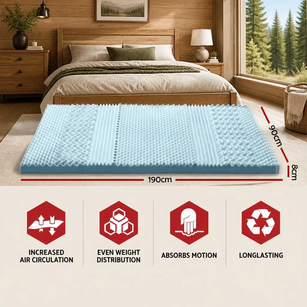 Memory Foam Mattress Topper Single 8cm 7-Zone Contoured Support Breathable