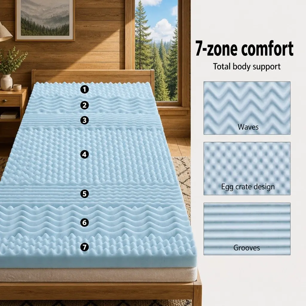 Memory Foam Mattress Topper Single 8cm 7-Zone Contoured Support Breathable