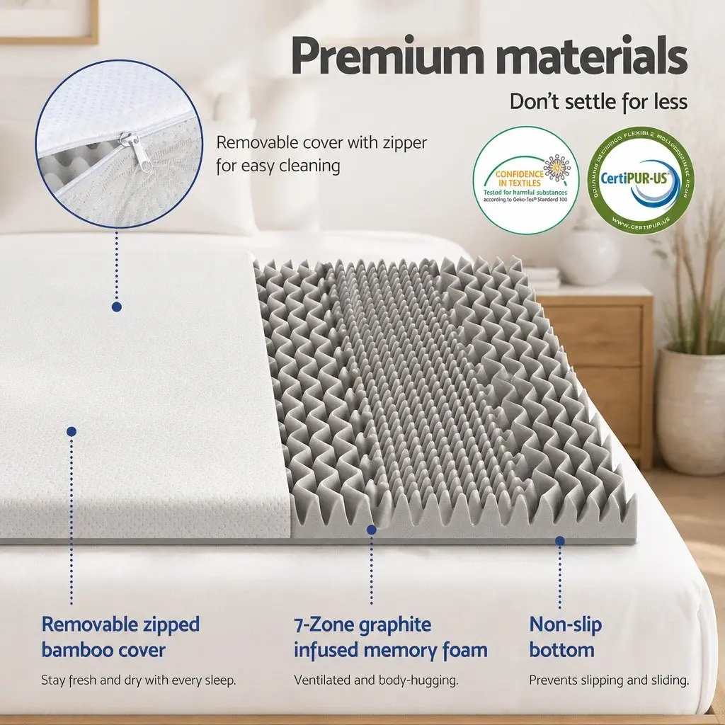 Grey 8cm Memory Foam Mattress Topper Queen