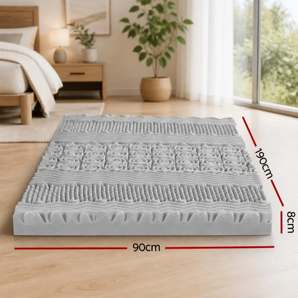 Memory Foam Mattress Topper 8cm Single Bed Graphite 7-Zone Contoured Support