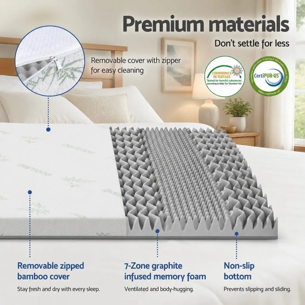 Memory Foam Mattress Topper 8cm Single Bed Graphite 7-Zone Contoured Support