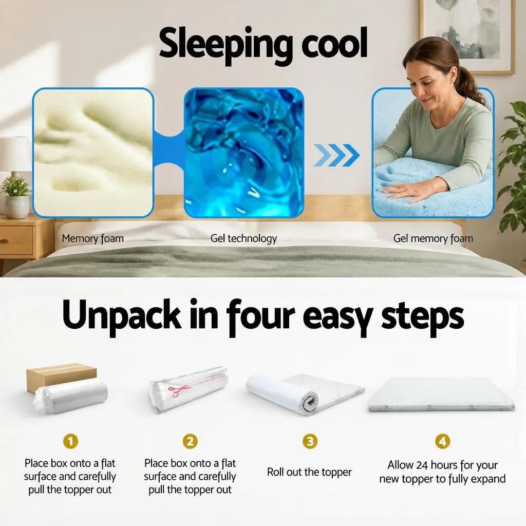 Memory Foam Mattress Topper 10cm Cool Gel Double Bed Mat Bamboo Cover Blue