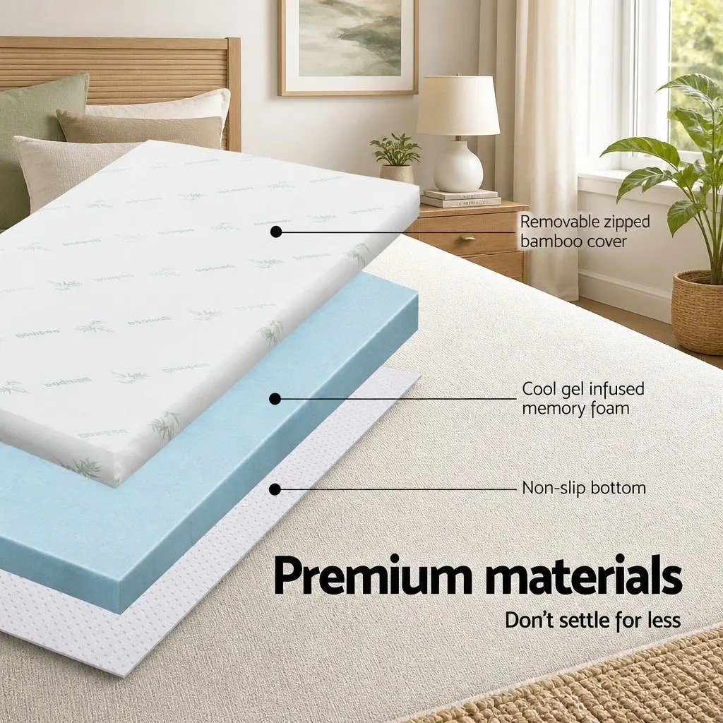 King Bed Mattress Topper Gel Infused Memory Foam 8cm Pressure Relief Removable Bamboo Cover