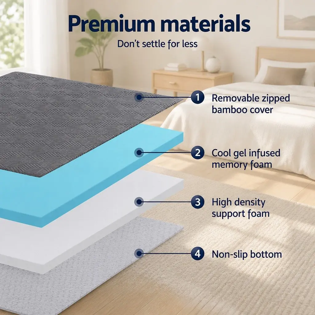 Memory Foam Mattress Topper Double Bed 8cm Gel Dual Layer Bamboo Cover