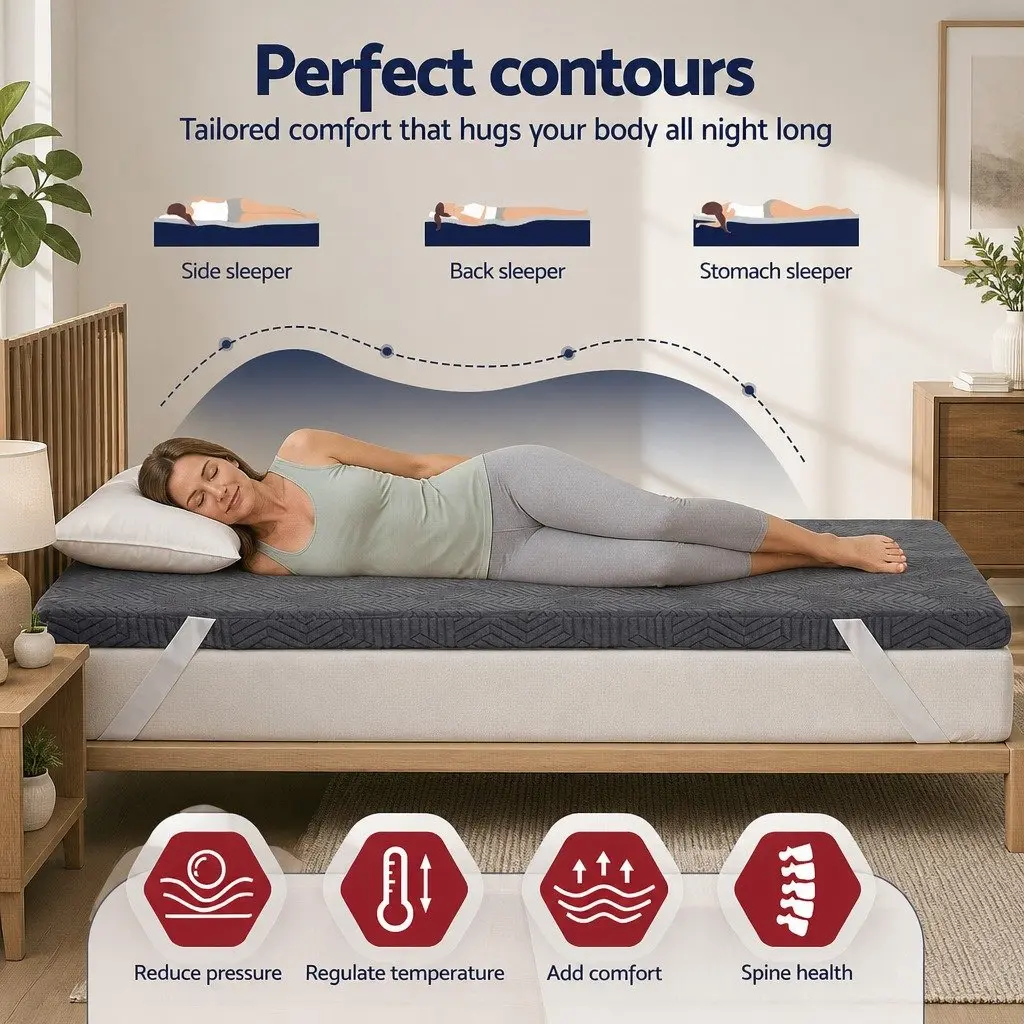 Memory Foam Mattress Topper King Single 8cm Gel Dual Layer Bamboo Cover Grey
