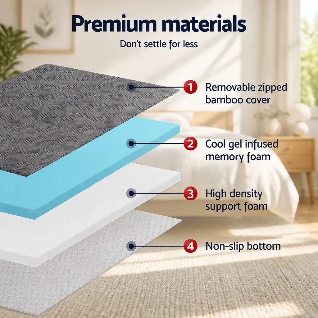 Memory Foam Mattress Topper King Single 8cm Gel Dual Layer Bamboo Cover Grey